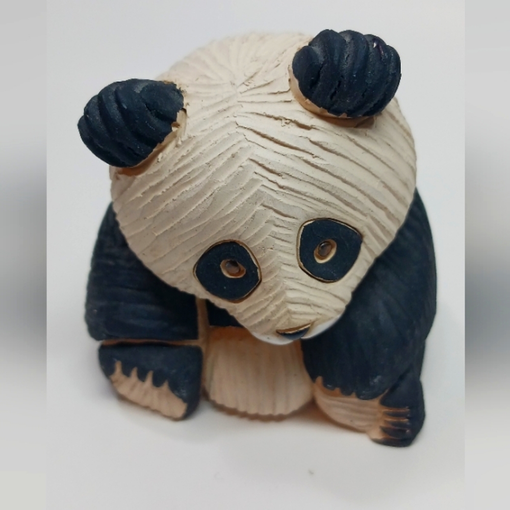 Artesania Rinconada Black White Sitting Panda Bear Clay Figurine 3” Uruguay